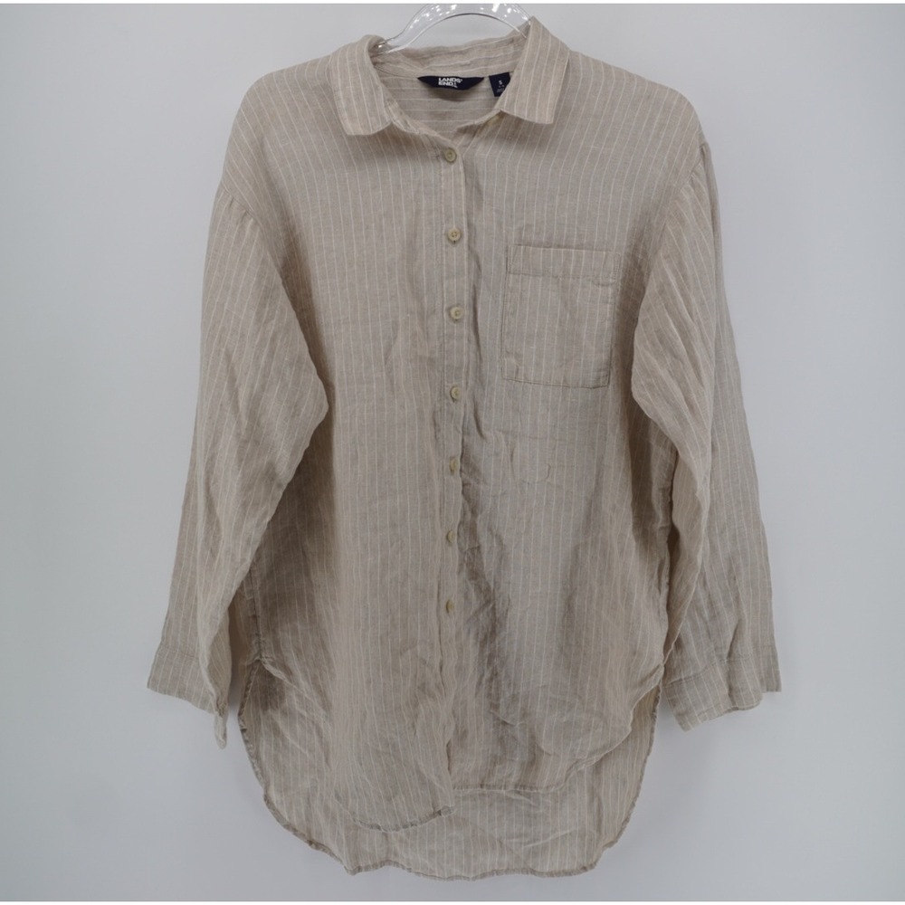 Lands End Womens Small Beige Pinstripe 100% Linen Button Down Shirt Tunic